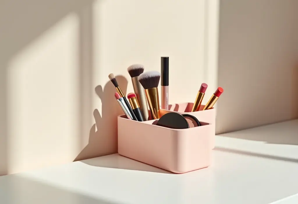 Organizador de maquiagem de silicone DIY com maquiagens diversas.