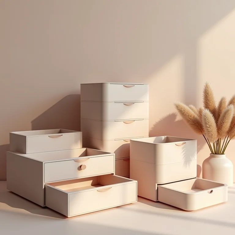 Organizadores de gaveta de diversos tamanhos e materiais.