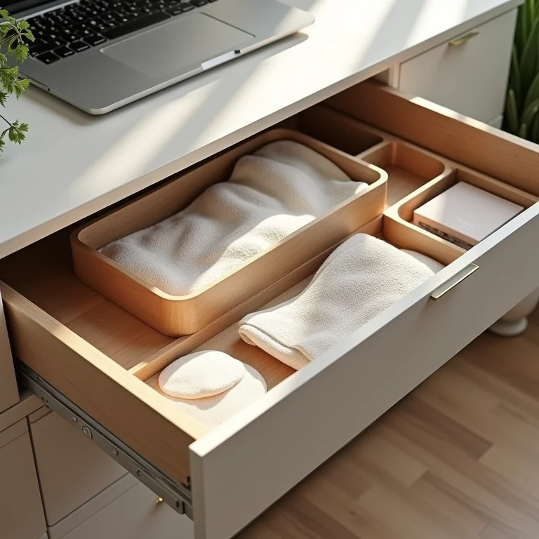 Organizadores empilhados dentro de uma gaveta.