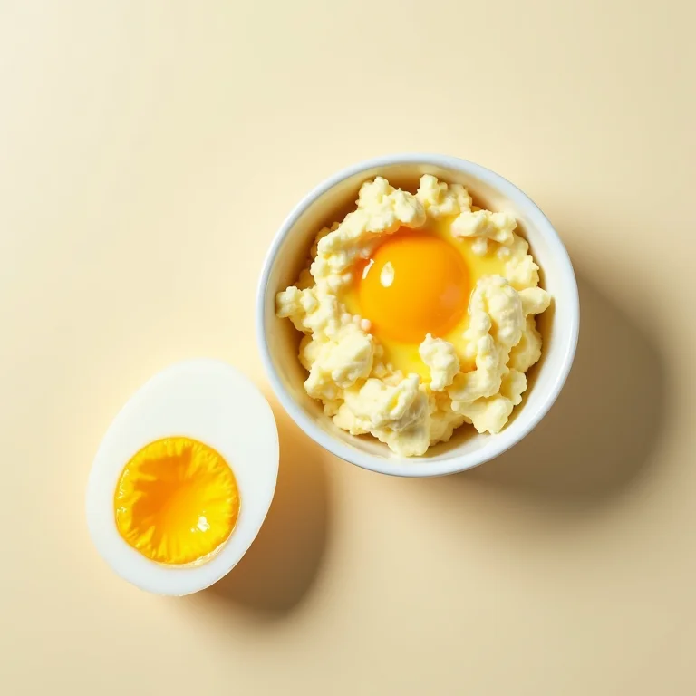 Ovos frescos abertos ao lado de uma tigela de salada de ovo.