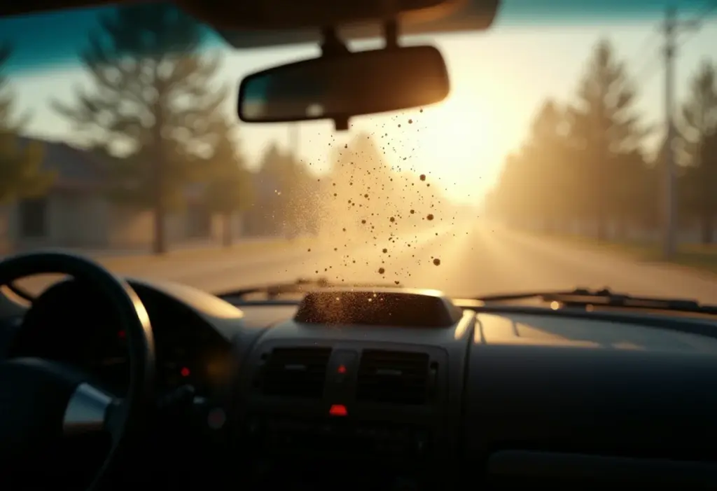 Por que você PRECISA fazer limpeza do ar condicionado do carro AGORA Painel de carro com poeira e sujeira, indicando a necessidade de limpeza do ar condicionado.