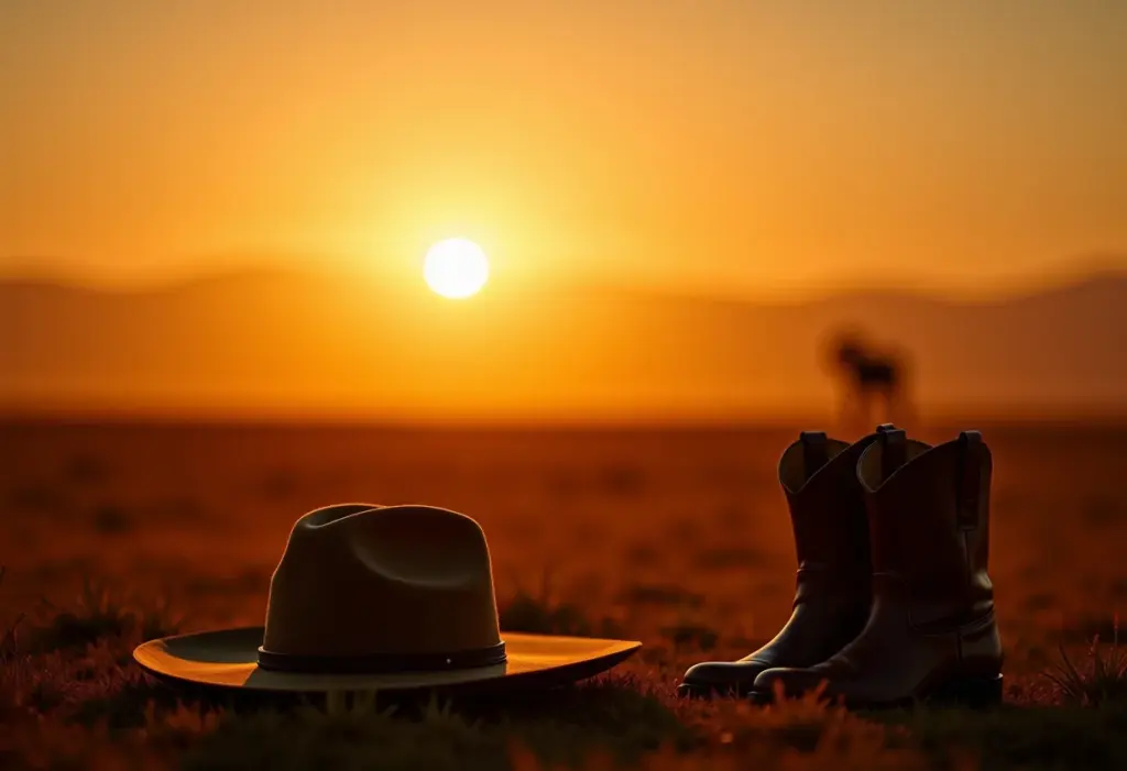 Paisagem do Pampa ao entardecer com chapéu e botas de gaúcho em primeiro plano.