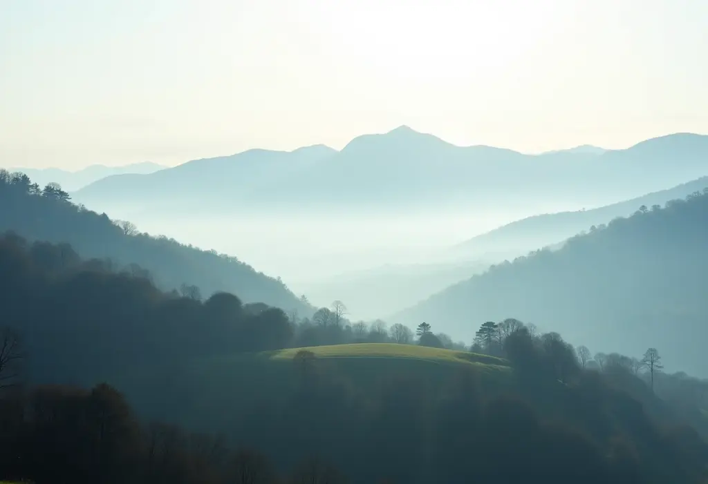 Paisagem tranquila de Campos do Jordão na baixa temporada com névoa e luz suave.