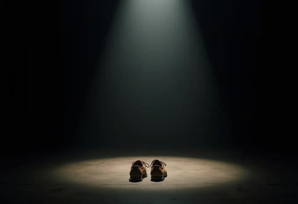 Palco vazio iluminado por um único foco, com um par de sapatos gastos no centro.