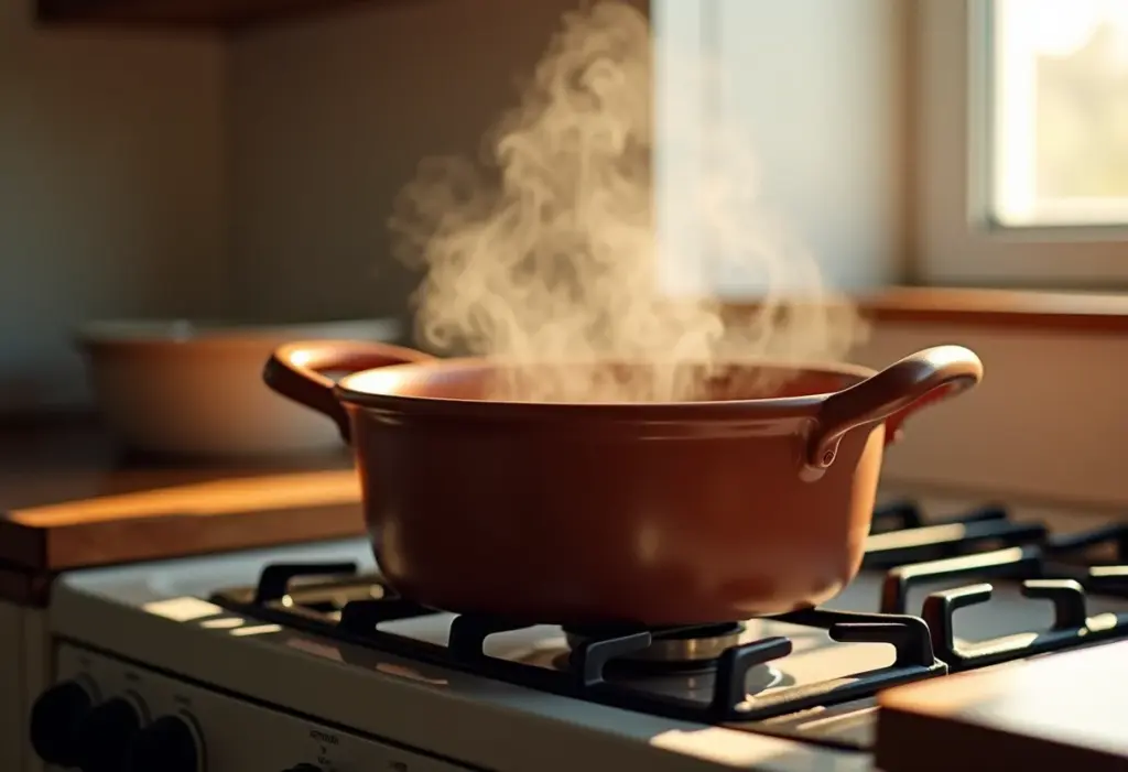 Panela de barro brilhando em uma cozinha iluminada.