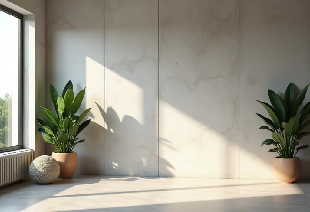 Parede de cimento queimado em sala de estar moderna.