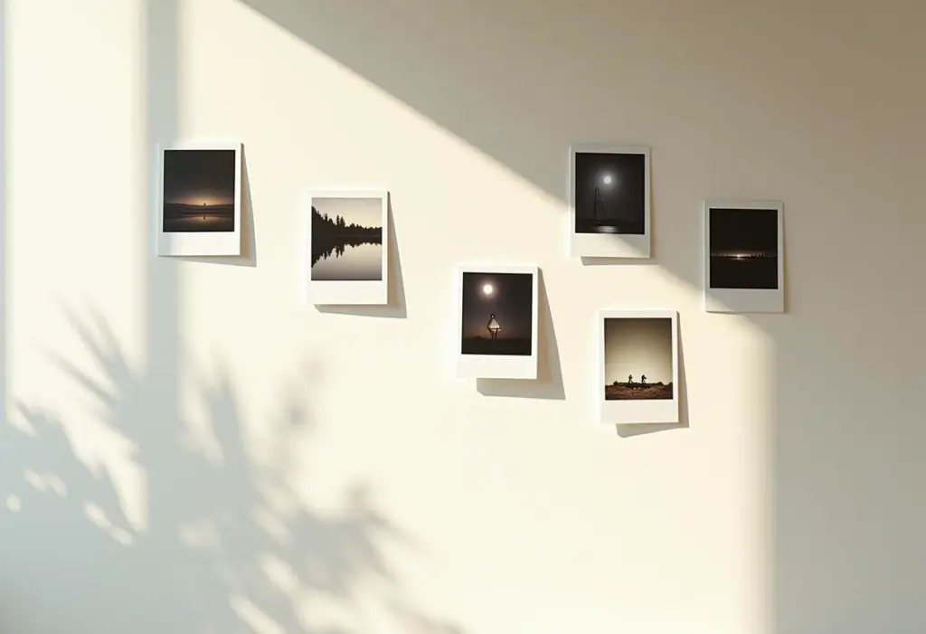 Parede decorada com fotos Polaroid em diferentes arranjos