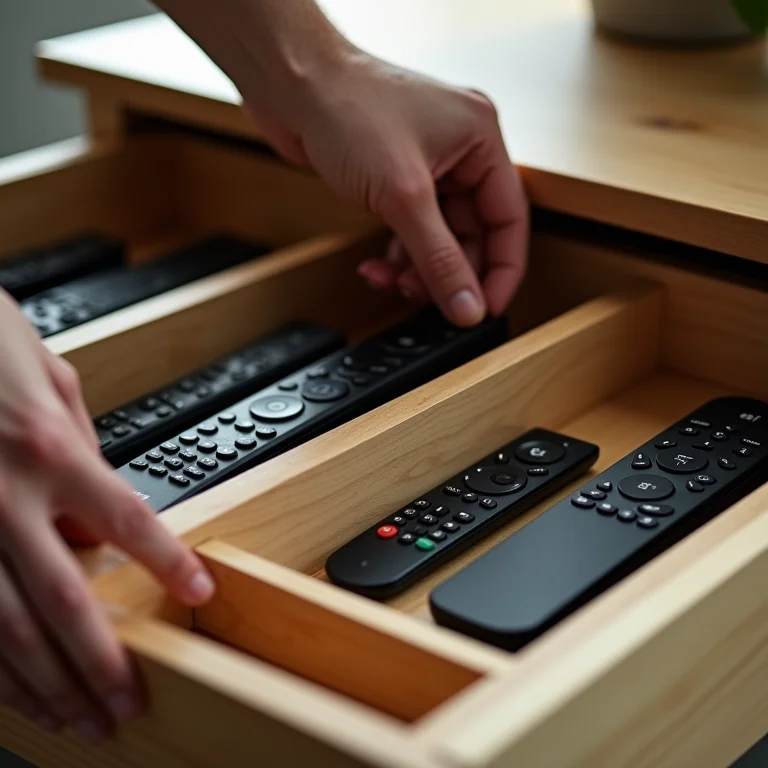 Passo a passo da organização de uma gaveta de controles remotos.