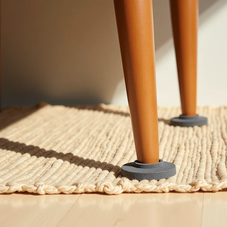 Pés de móveis com protetores de feltro em um tapete de sisal