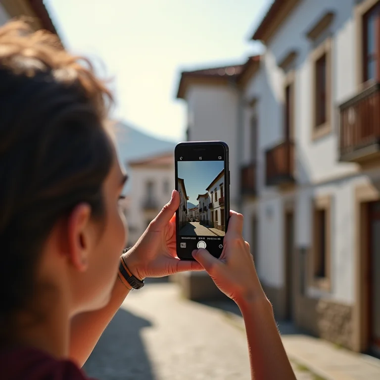 Pessoa tirando foto de um prédio tradicional na Vila Germânica com um smartphone.