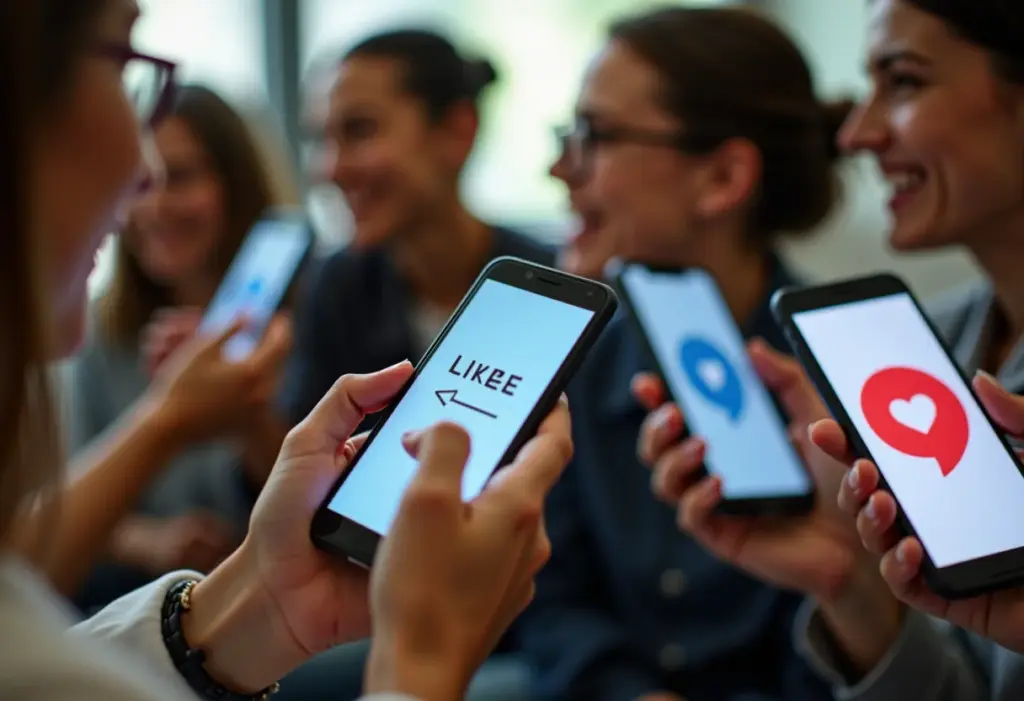 Pessoas interagindo com redes sociais, curtindo e descurtindo