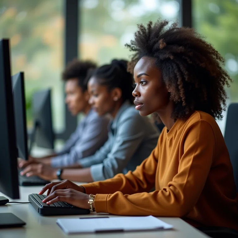 Pessoas trabalhando em computadores em ambiente de trabalho
