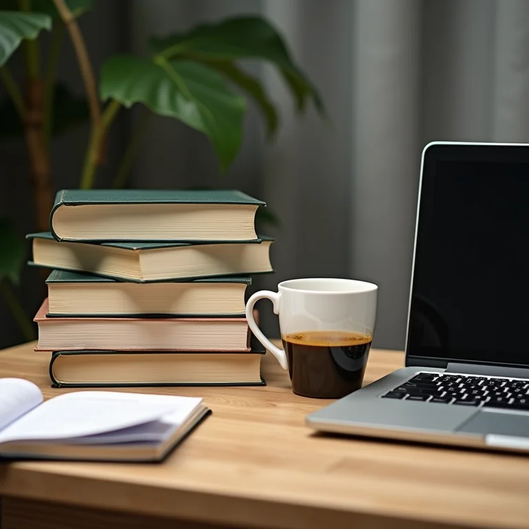 Pilha de livros marcados, xícara de café e laptop fechado