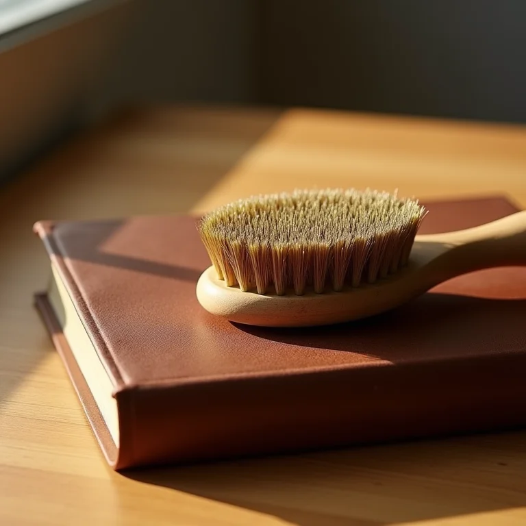 Pincel de cerdas macias limpando um livro de couro.