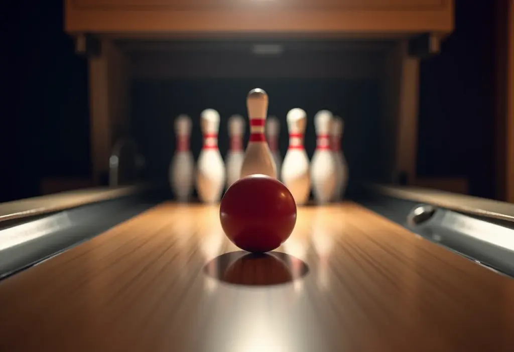 Pista de boliche com pinos derrubados após um strike