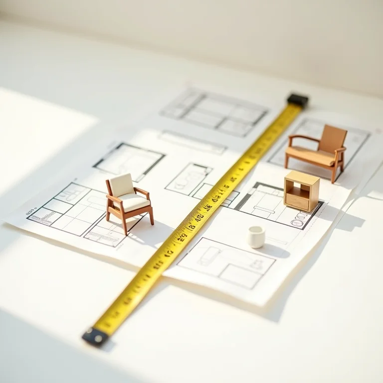 Planta baixa com fita métrica e miniaturas de móveis.