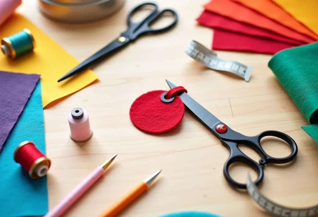 Porta-chaves de feltro e materiais de costura em estilo flat lay.