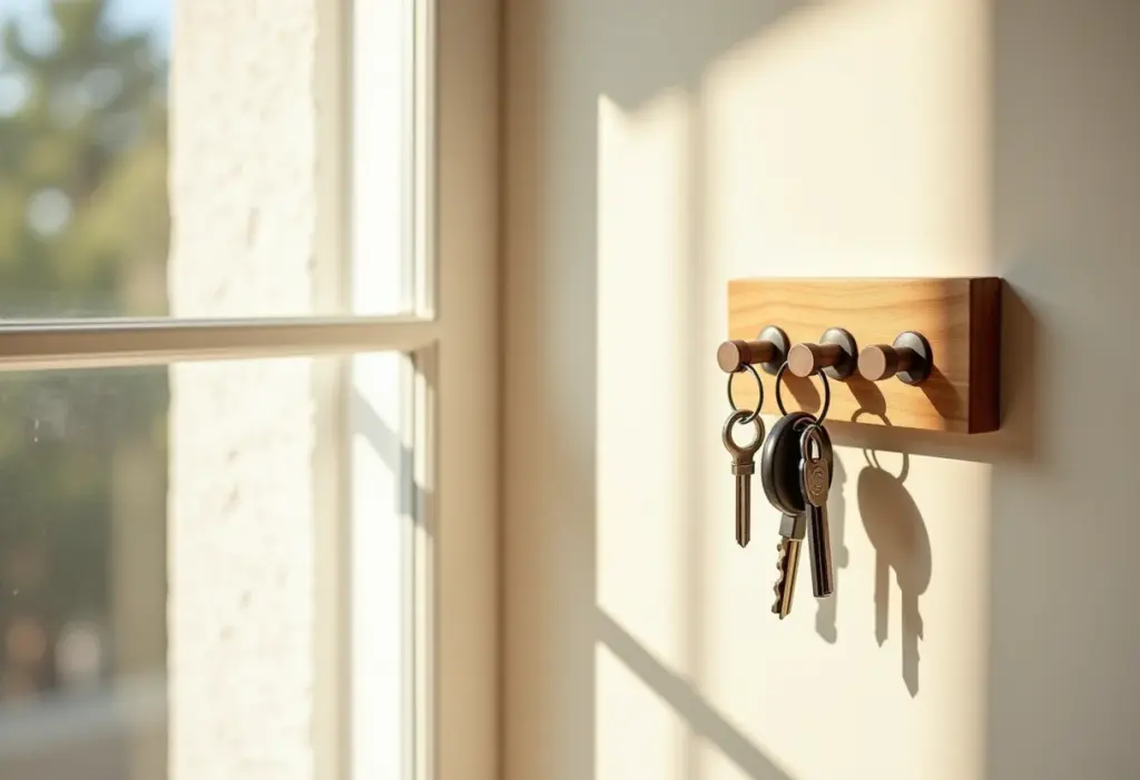 Porta chaves de madeira DIY pendurado em hall de entrada organizado