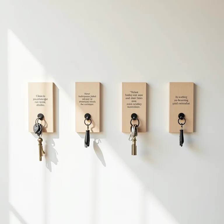 Porta-chaves de parede com ganchos e frases inspiradoras