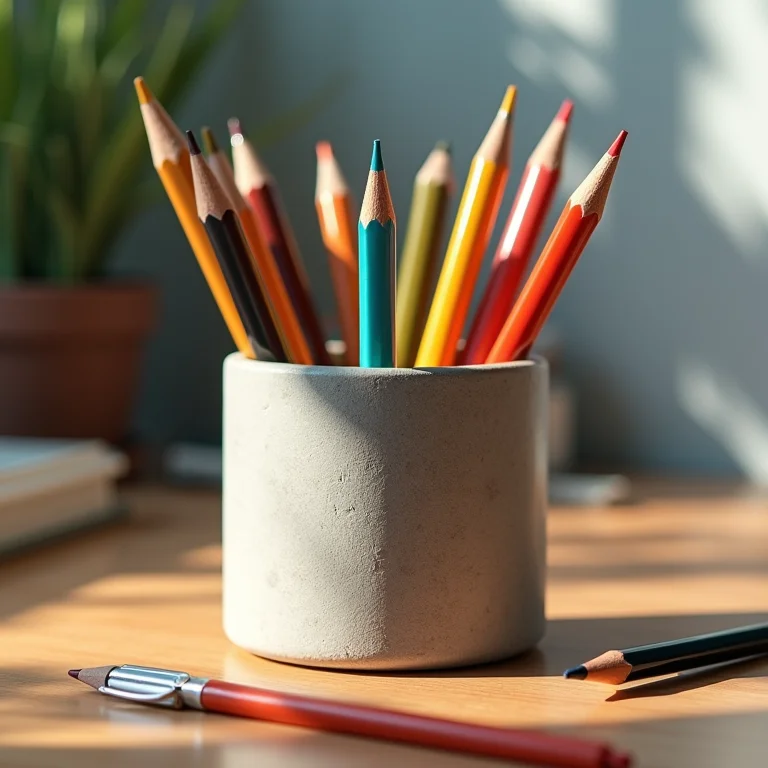 Porta-lápis de cimento com lápis coloridos