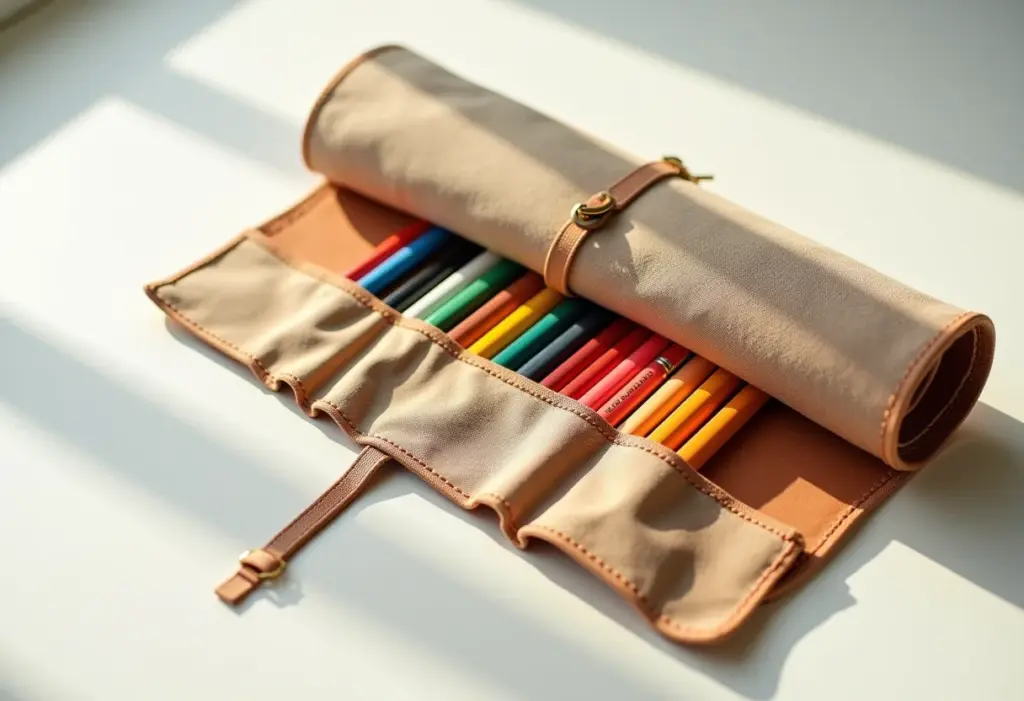 Porta lápis de rolo aberto, mostrando materiais de arte coloridos.