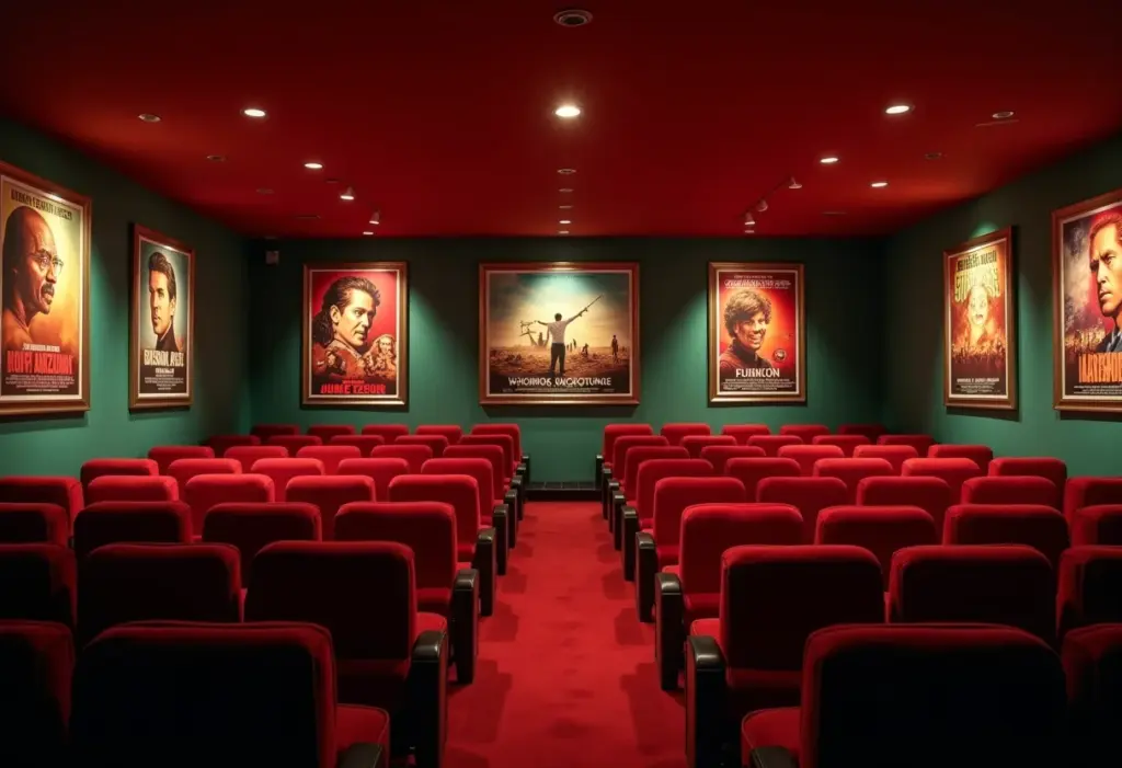 Pôsteres de filmes de ação dos anos 80 em um cinema vintage