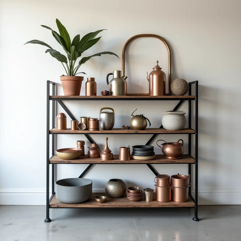 Prateleira de metal sobrecarregada com acessórios metálicos