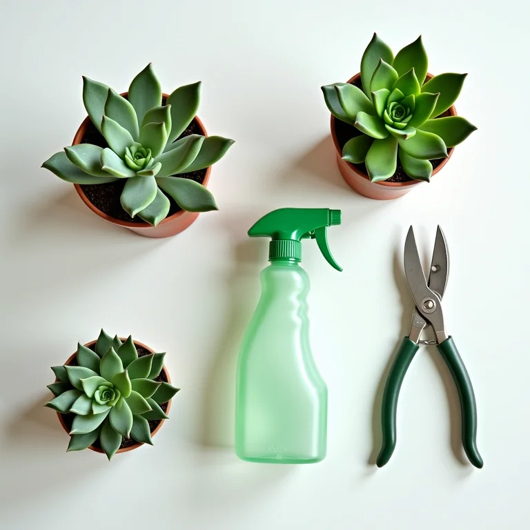 Produtos essenciais para o cuidado de suculentas dispostos em flat lay.
