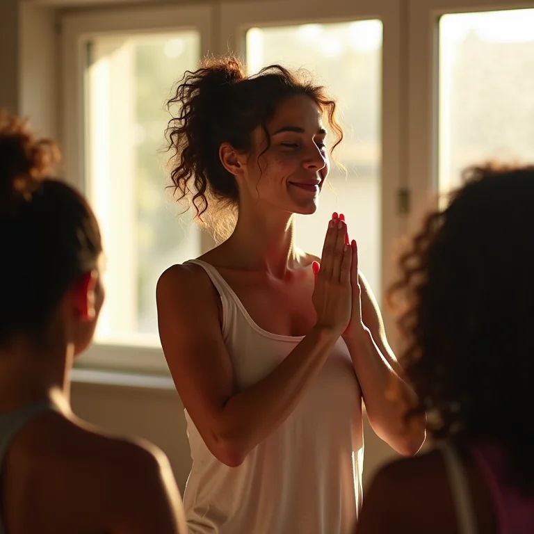 Professora de yoga branca ensinando uma turma, representando o mercado de trabalho para o licenciado em Educação Física