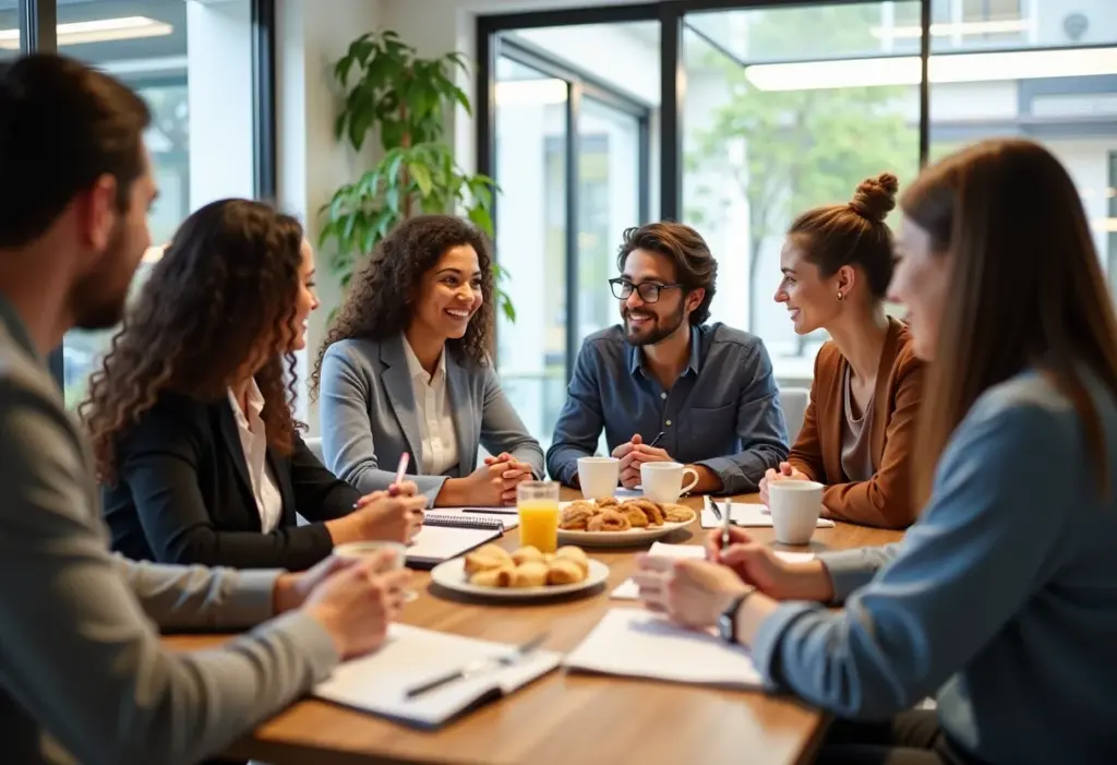 Profissionais diversos reunidos em um café da manhã de negócios.