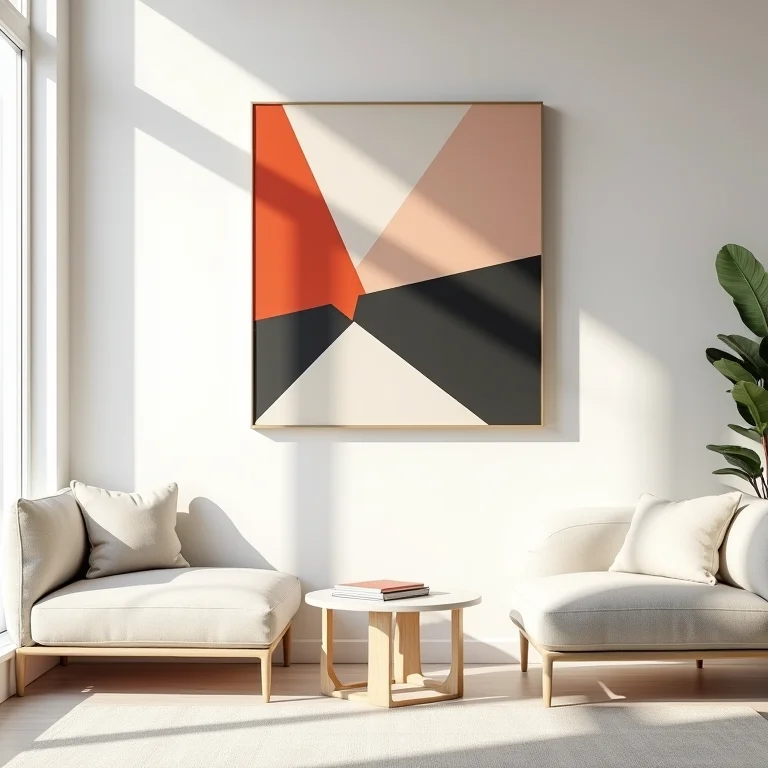Quadro geométrico como ponto focal em sala de estar