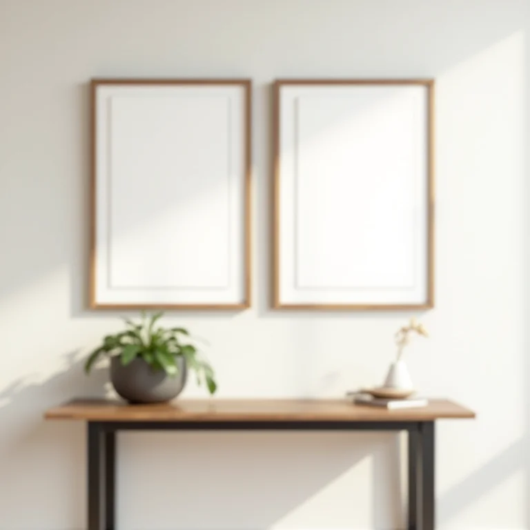 Quadros simétricos acima de mesa de console