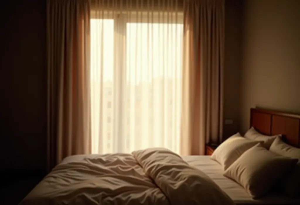 Quarto com cortina blackout bloqueando a luz solar