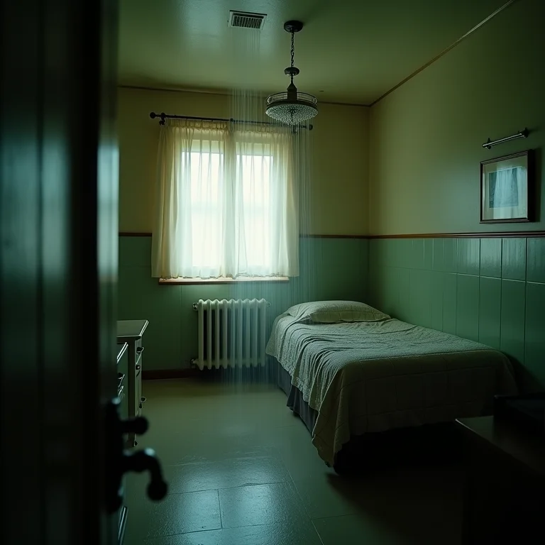 Quarto de motel antigo com chuveiro ligado, inspirado no filme 'Psicose'.