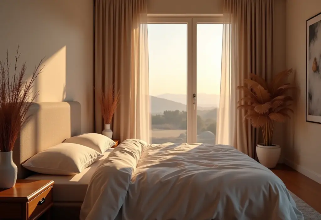 Quarto sereno ao entardecer, luz suave convidando ao relaxamento