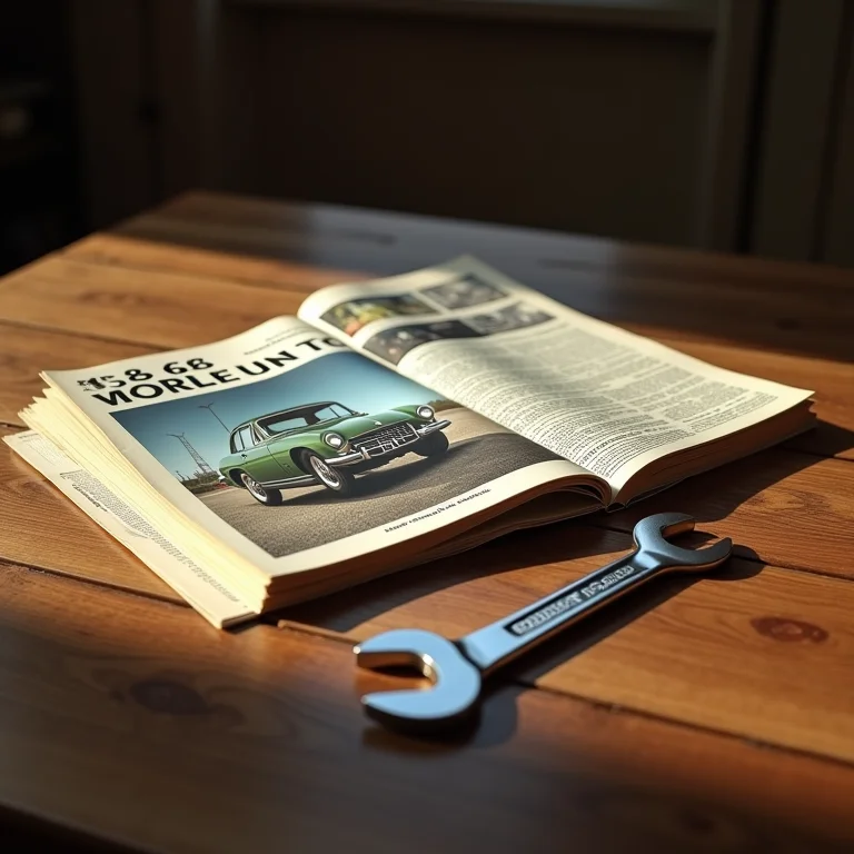 Revistas antigas de carros e uma chave inglesa clássica sobre uma superfície de madeira