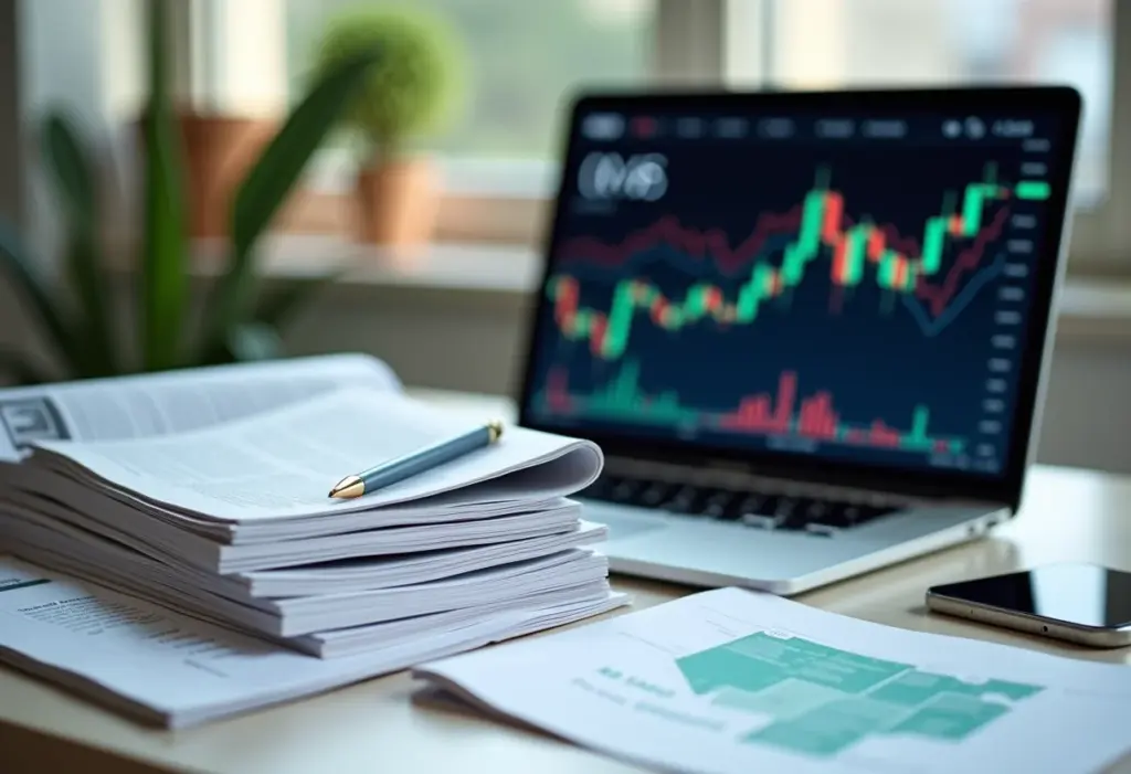 Revistas de finanças e laptop com gráficos de ações.