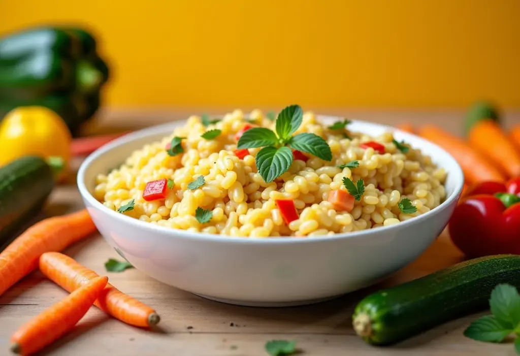 Risoto de legumes cremoso em um bowl branco.