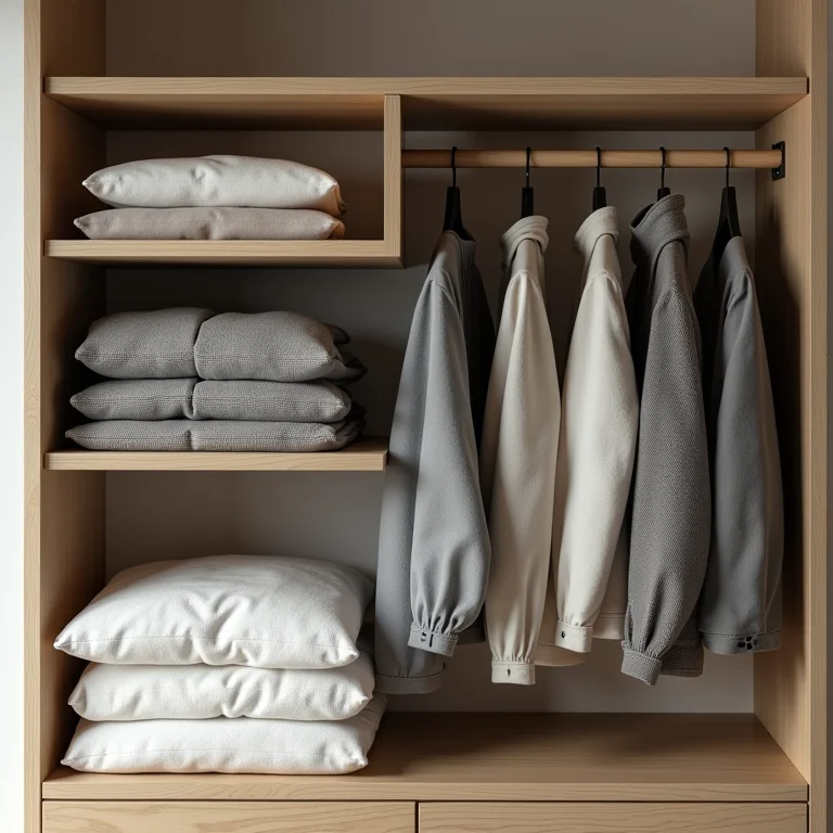 Roupas dobradas e penduradas para otimizar espaço.
