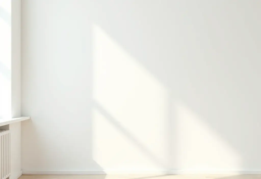 Sala de estar clara com parede branca recém-pintada e uma mancha de lápis