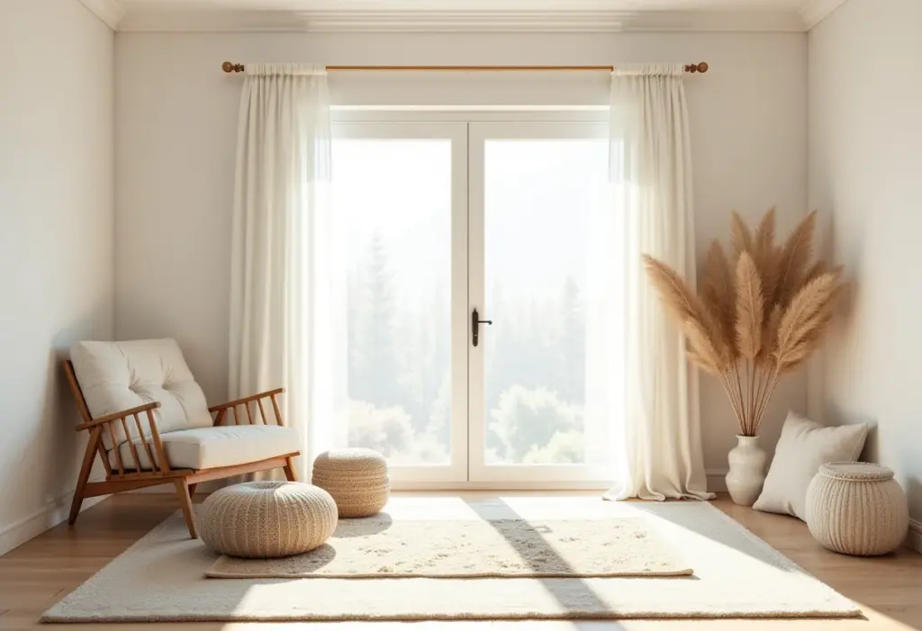 Sala de estar clean e iluminada com tapetes de algodão