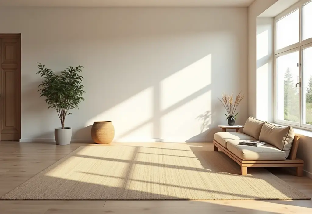Sala de estar com tapete de sisal, decoração minimalista e luz natural