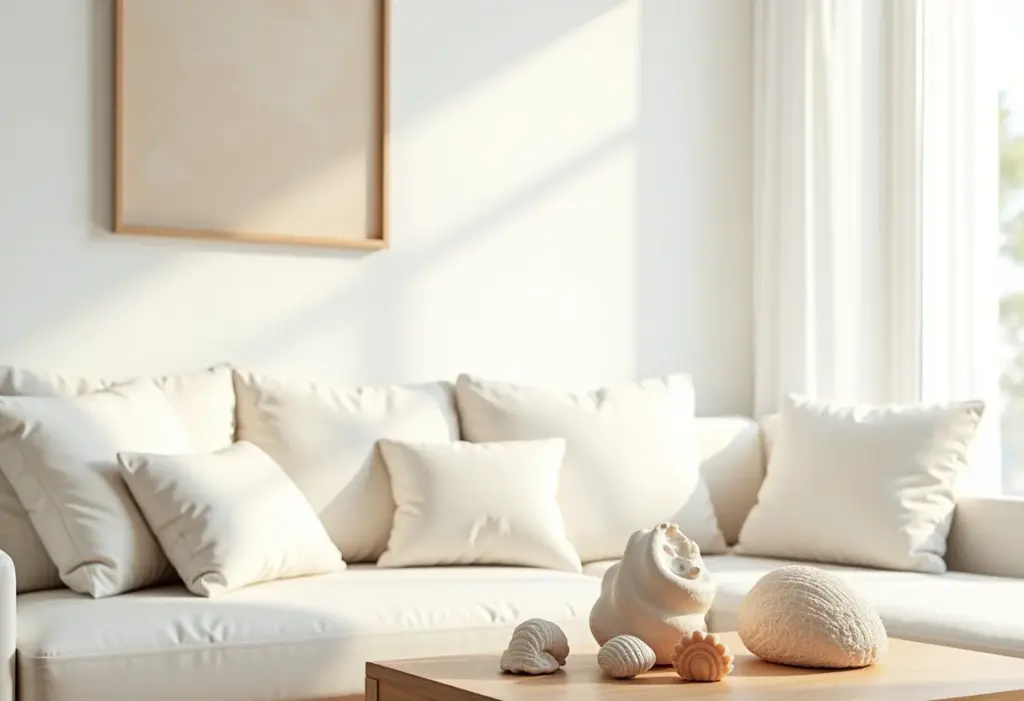 Sala de estar decorada com conchas, ambiente claro e arejado.