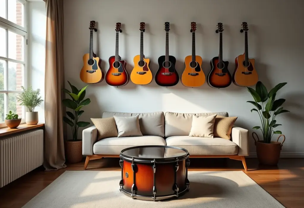 Sala de estar decorada com instrumentos musicais de forma criativa e elegante