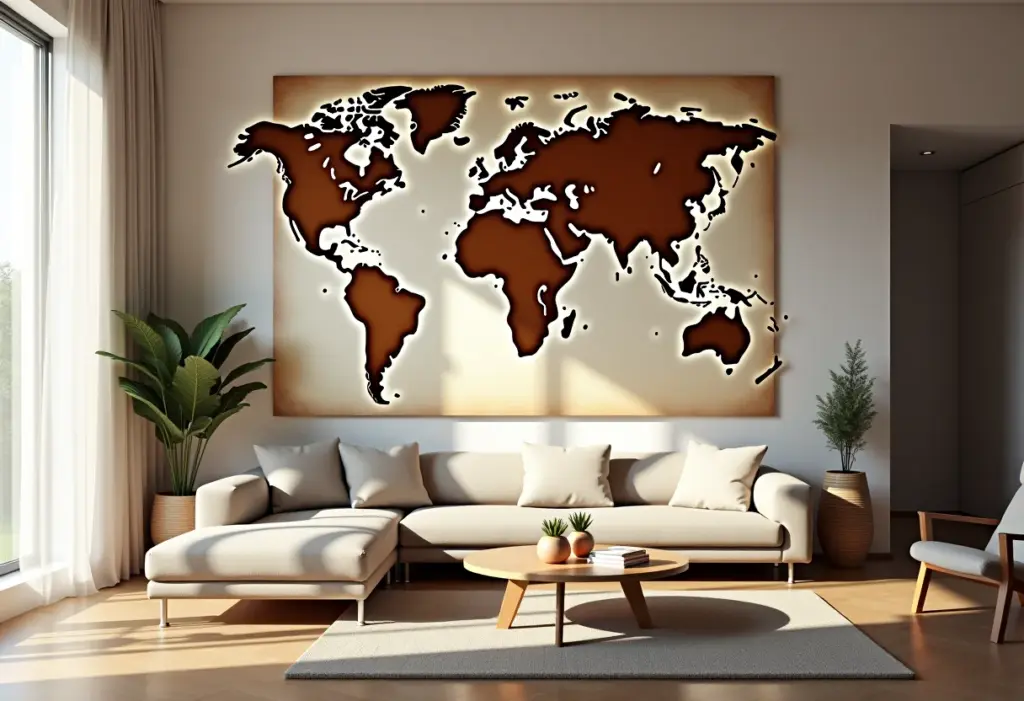 Sala de estar decorada com mapa mundi