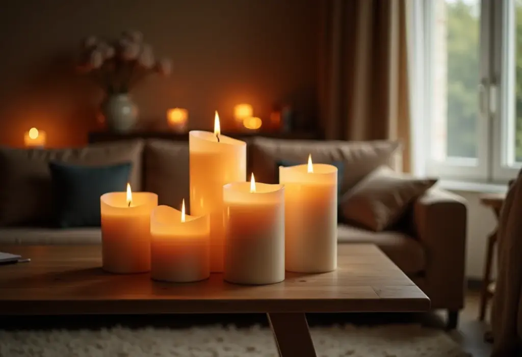 Sala de estar decorada com velas acesas, criando ambiente acolhedor