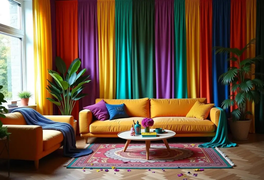 Sala de estar decorada para o Carnaval com confetes e máscaras coloridas