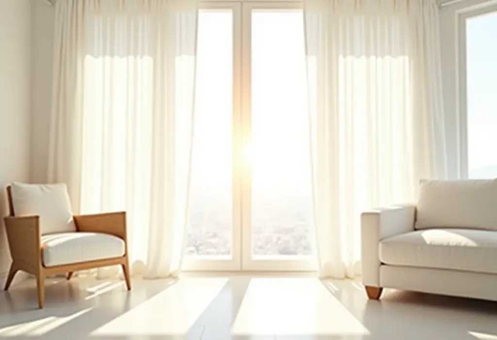 Sala de estar iluminada com cortinas brancas translúcidas
