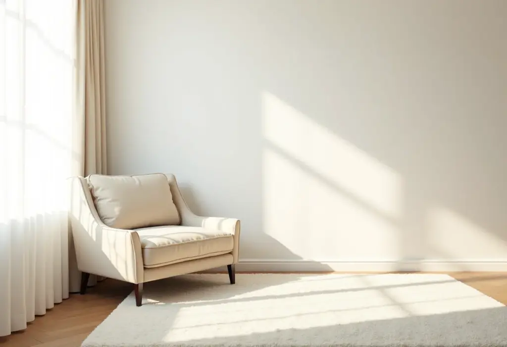 Sala de estar iluminada com sofá e tapete impecavelmente limpos