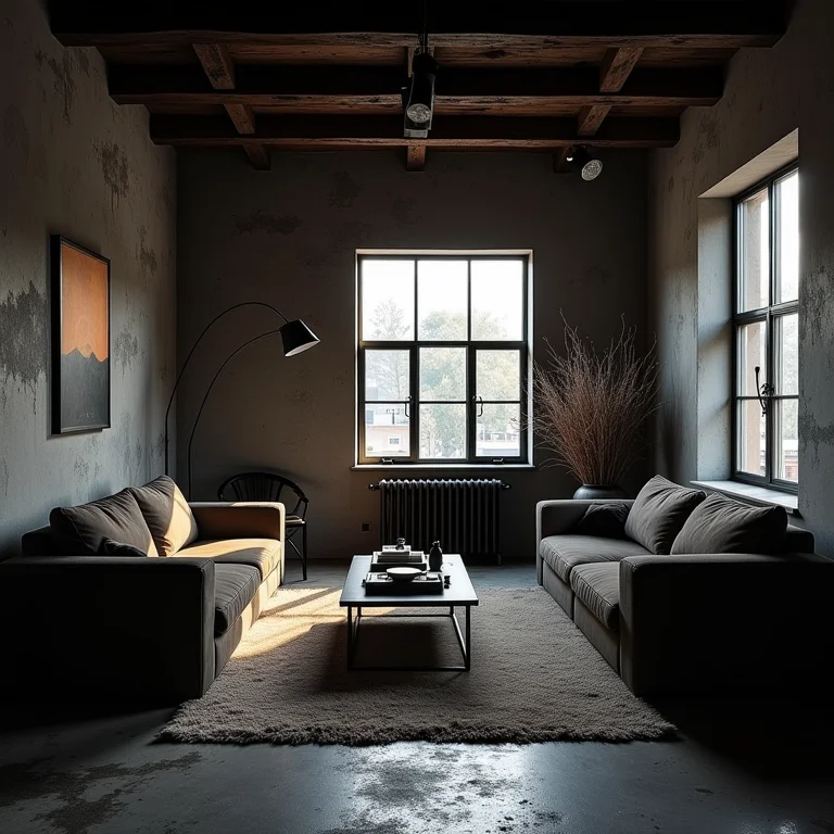 Sala de estar industrial mal iluminada com móveis de metal escuro